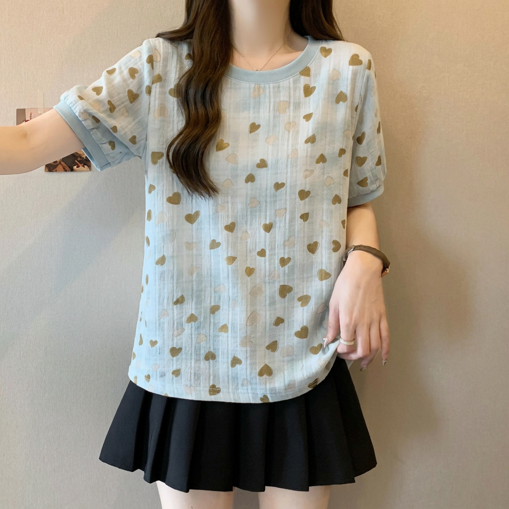 RY740# 大码轻薄爱心晕染设计感短袖T恤女夏季爆款胖mm洋气减龄显瘦上...