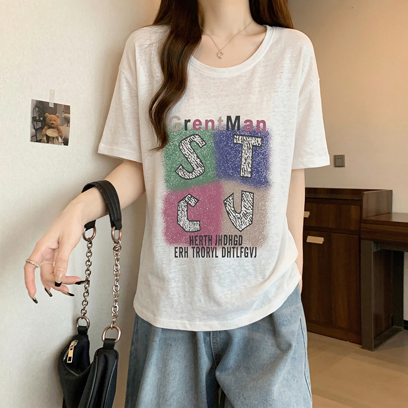 RY739# 大码减龄时髦印花正肩短袖T恤女夏胖mm显瘦宽松遮肉休闲百搭上...