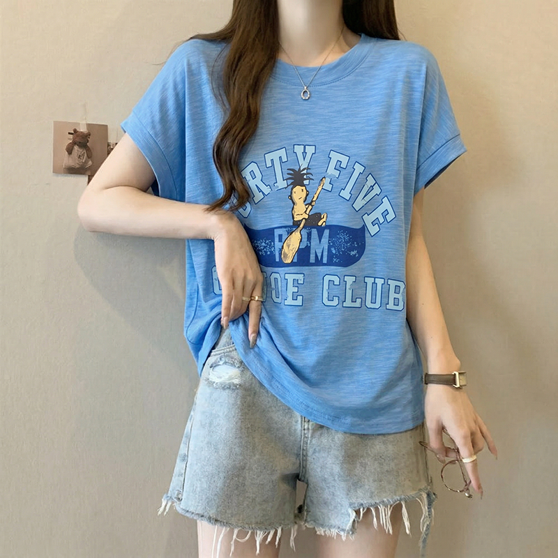 RY737# 大码纯棉字母印花小飞袖t恤女夏季胖MM时尚宽松显瘦休闲短袖上...