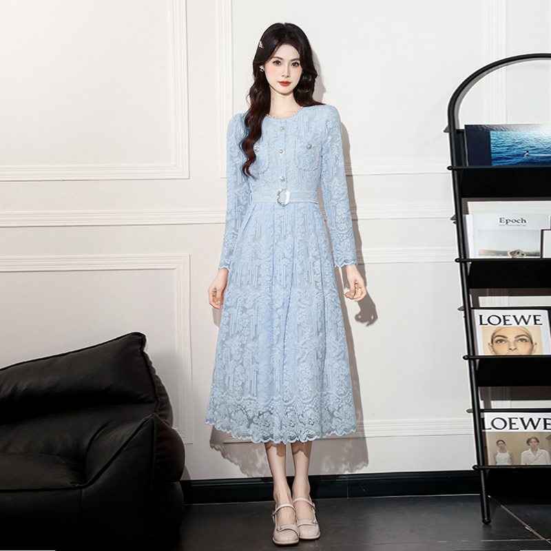 MY17299# 新款小香风收腰显瘦长袖蕾丝连衣裙配腰带女裝貨源服裝批發