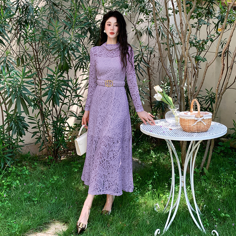 MY17298# 法式长袖连衣裙镂空蕾丝绣花高腰设计长裙子女裝貨源服裝批發