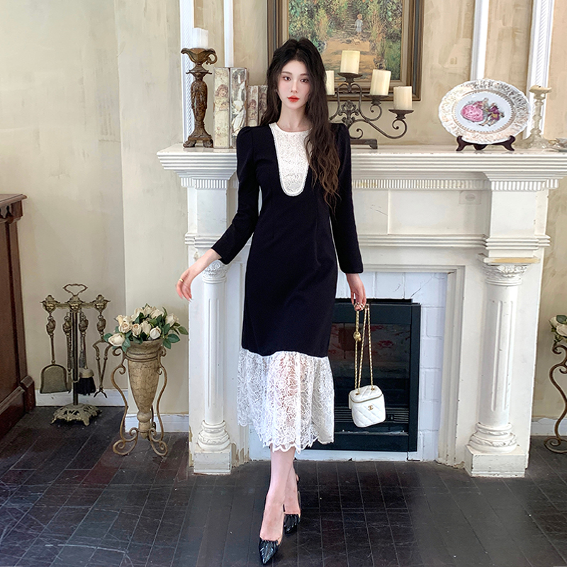 MY17297# 黑色赫本风法式蕾丝拼接高级气质显瘦连衣裙女裝貨源服裝批發