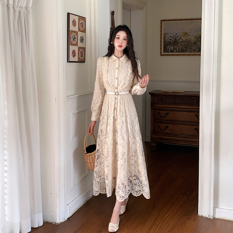MY17294# 高端法式重工收腰翻领单排扣蕾丝连衣裙送腰带女裝貨源服裝批...