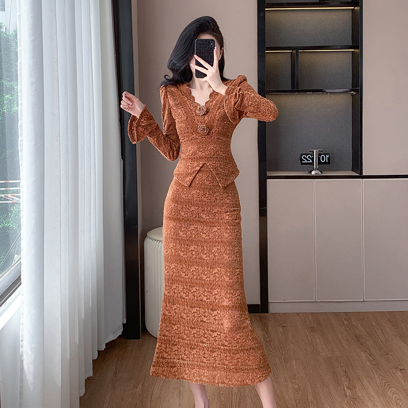 MY17293# 提花蕾丝上衣高腰半身裙两件套时尚洋气套装女裝貨源服裝批發