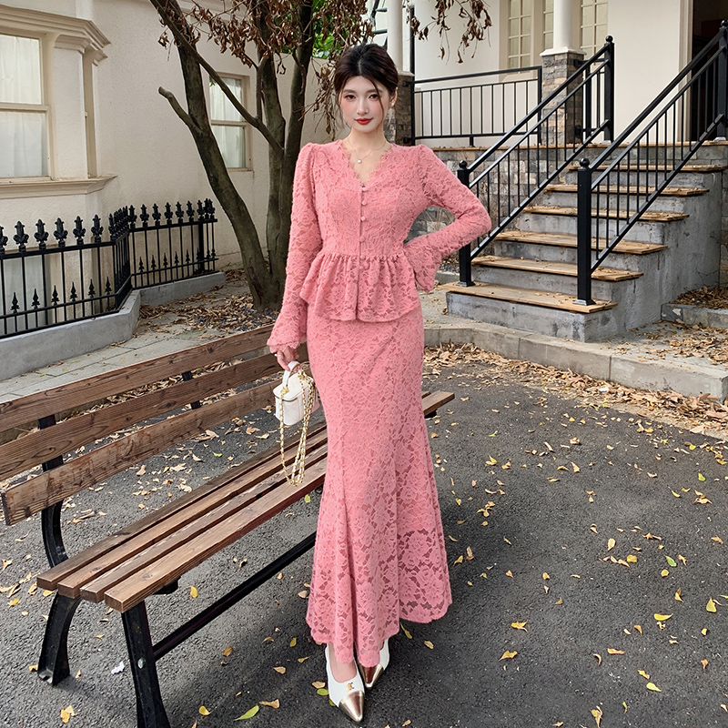 MY17301# 蕾丝上衣高级感包臀鱼尾裙套装设计感打底衬衫女裝貨源服裝批...