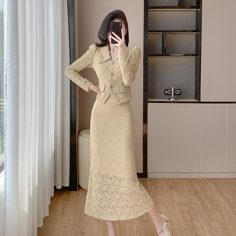 MY16848# 新款气质时尚连衣裙蕾丝小香风上衣半身裙两件套女裝貨源服裝...