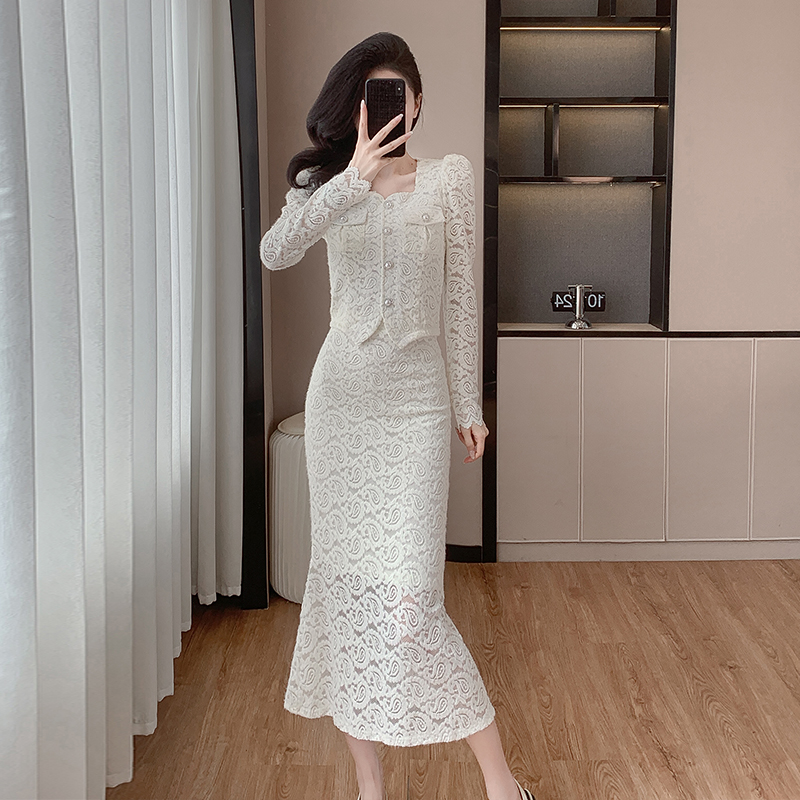 MY16847# 新款小香风套装女高级感气质蕾丝两件套连衣裙女裝貨源服裝批...