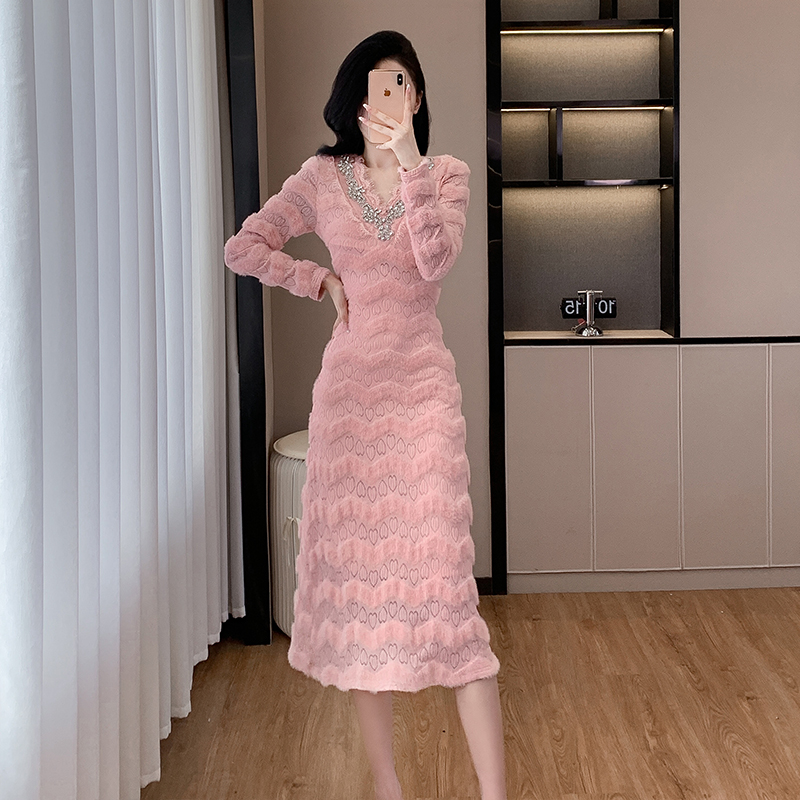 MY16850# 小众设计感收腰显瘦裙子水貂绒拼水钻蕾丝连衣裙女裝貨源服裝...