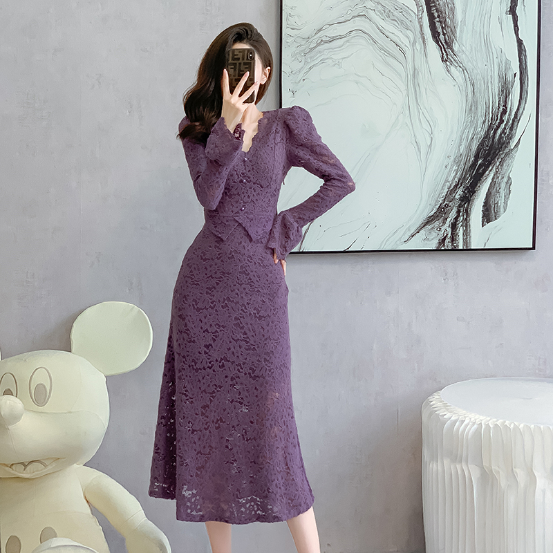 MY16853# 高级感蕾丝连衣裙 新款女修身性感假两件鱼尾裙女裝貨源服裝...