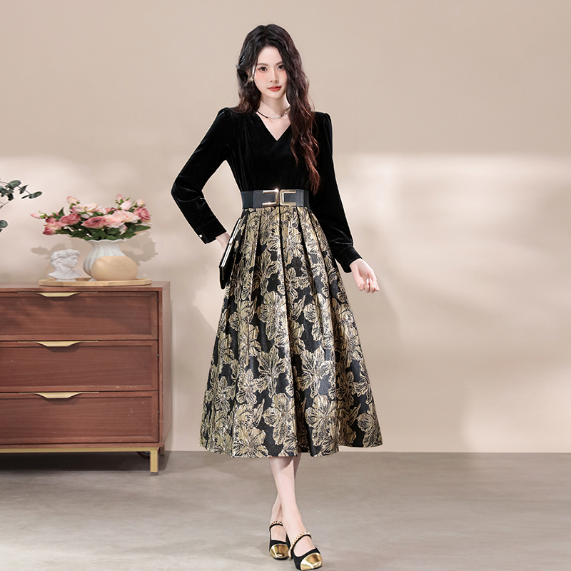 MY16857# 海青蓝金丝绒提花连衣裙复古高级感收腰假两件裙子女裝貨源服...