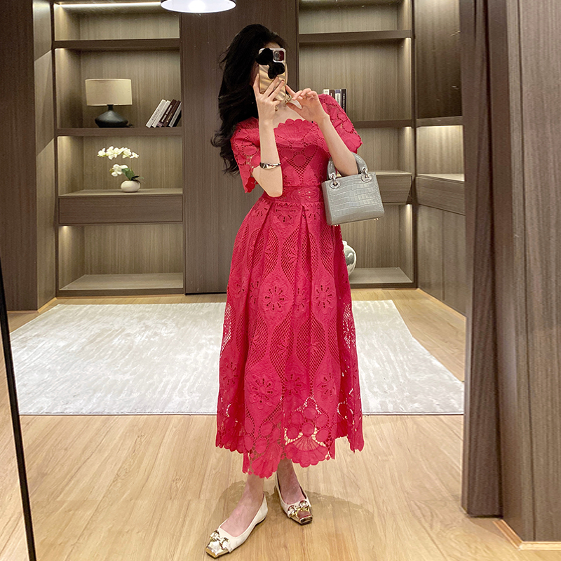 MY17314# 新款法式重工镂空钩花蕾丝收腰时尚短袖连衣裙女裝貨源服裝批...