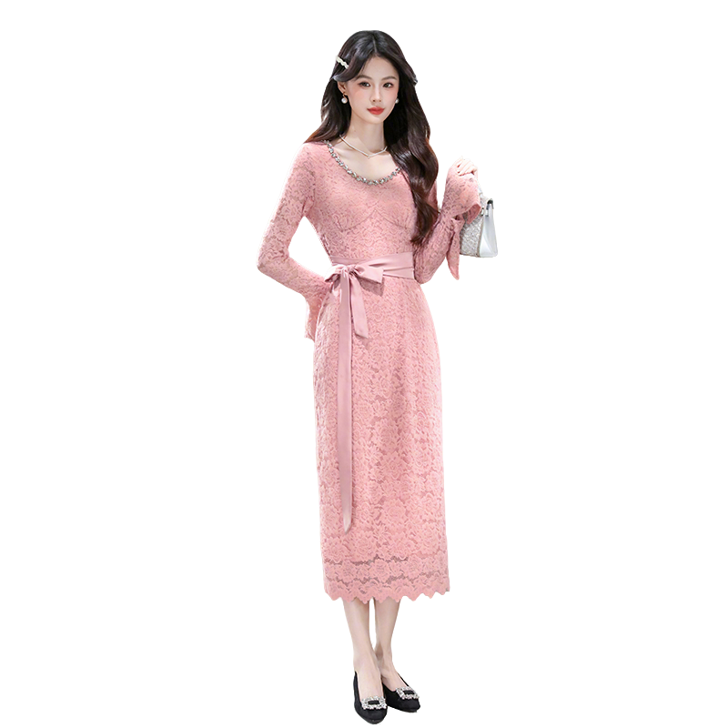 MY17309# 外贸 法式钉钻V领粉色蕾丝连衣裙高级感收腰气质长裙女女裝...