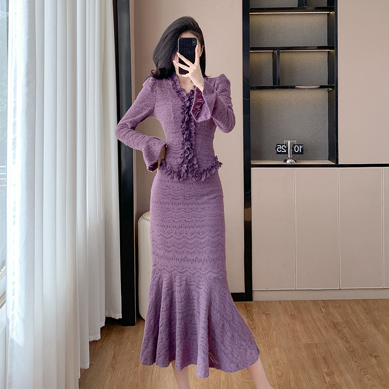 MY17304# 名媛V领长袖木耳边蕾丝小衫修身性感半身裙套装女裝貨源服裝...