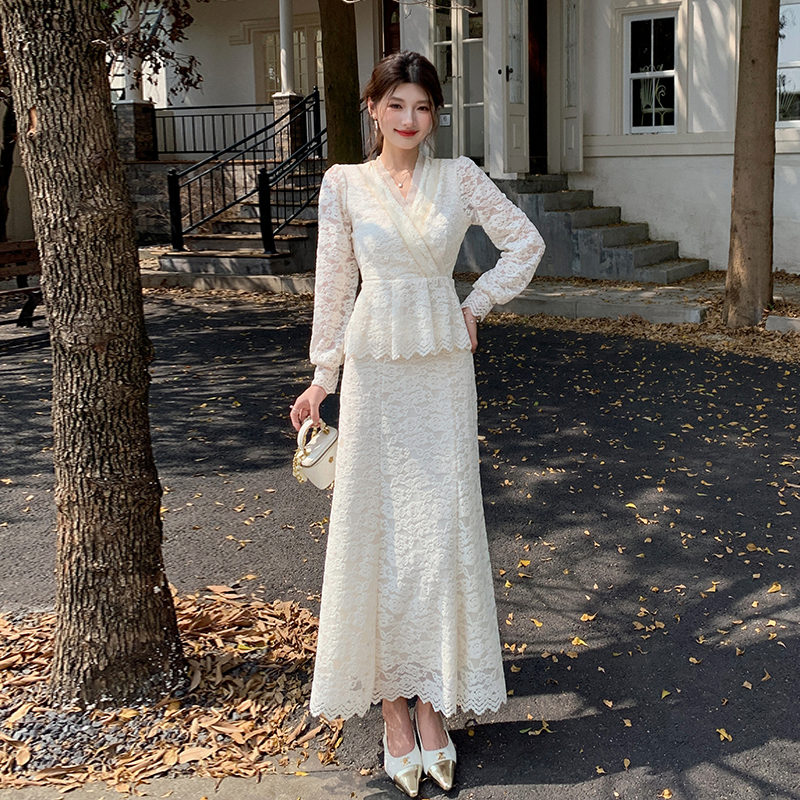 MY17302# 新款镂空蕾丝刺绣上衣半身裙两件套连衣裙女裝貨源服裝批發