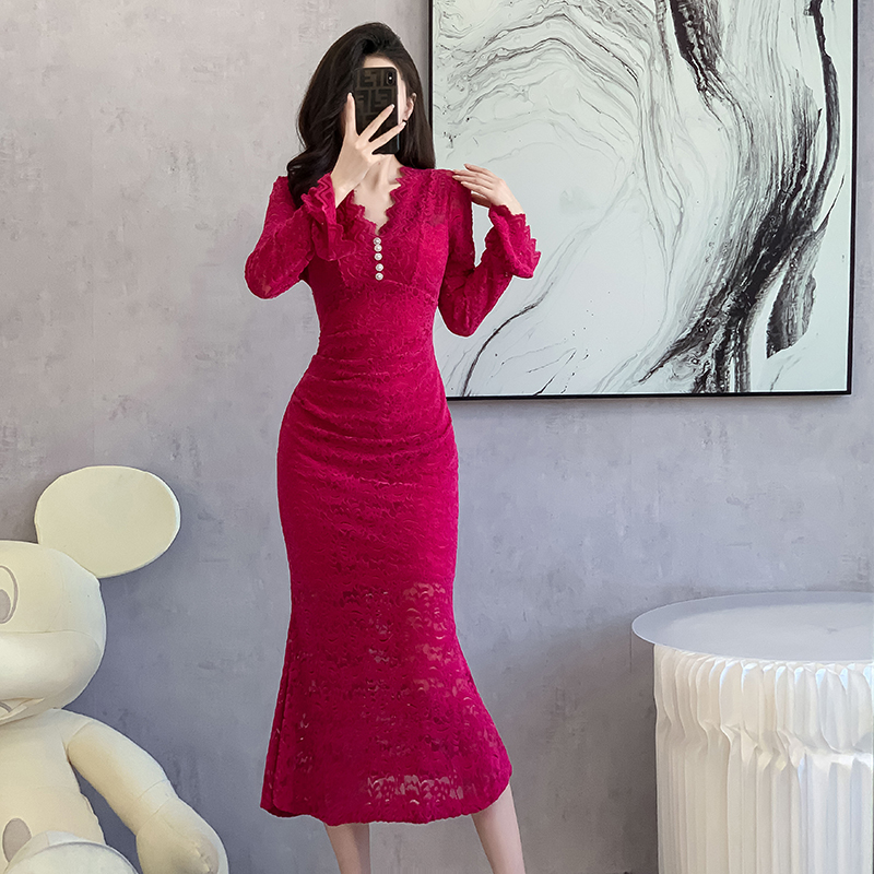 MY17292# 新款高级感V领长袖蕾丝连衣裙镂空修身高腰显瘦长裙女裝貨源...