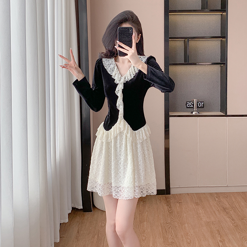 MY17291# 新款蕾丝娃娃领连衣裙仙气飘飘短裙固色不掉色女裝貨源服裝批...