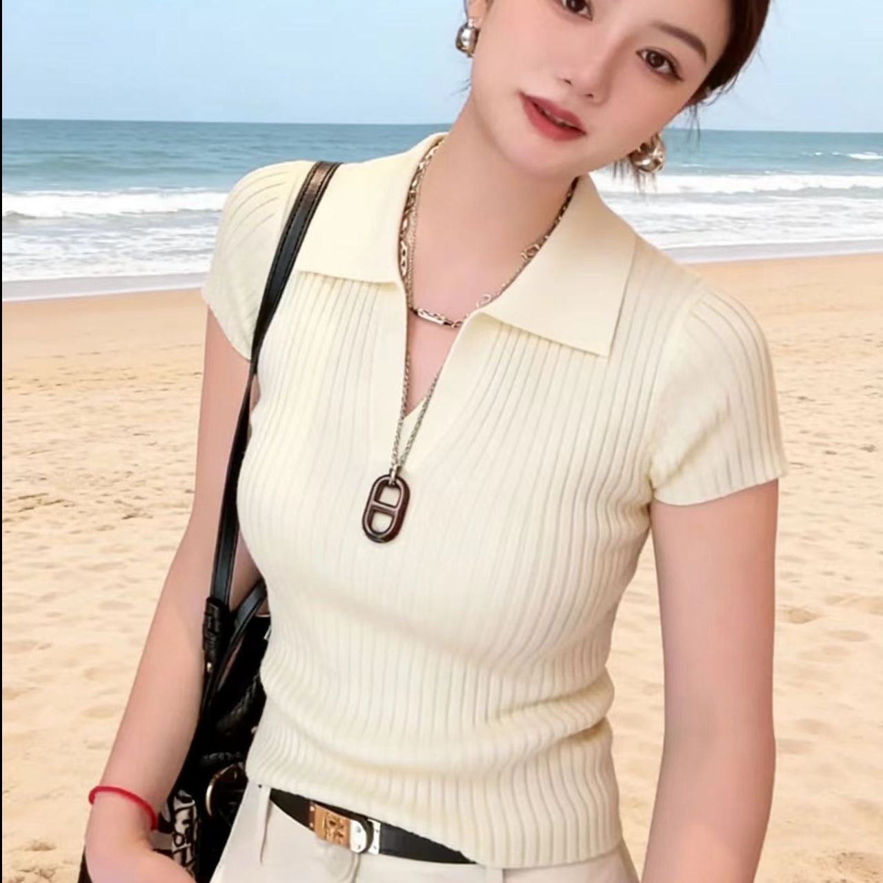 夏季新款POLO領針織打底衫女萊賽爾修身短袖T恤高級感上衣