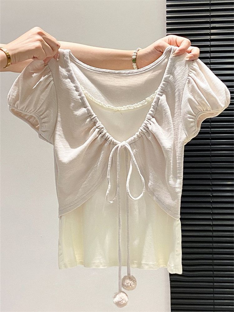 粗針竹節簡約撞色系繩假兩件短袖T恤女夏高級蝴蝶結百搭上衣