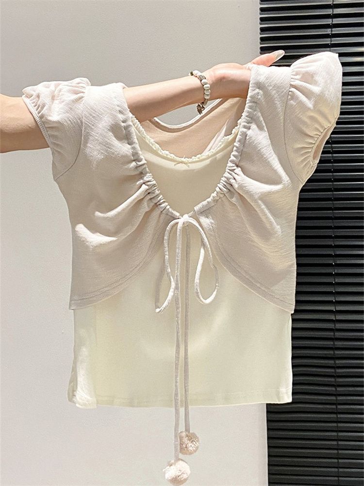 粗針竹節簡約撞色系繩假兩件短袖T恤女夏高級蝴蝶結百搭上衣