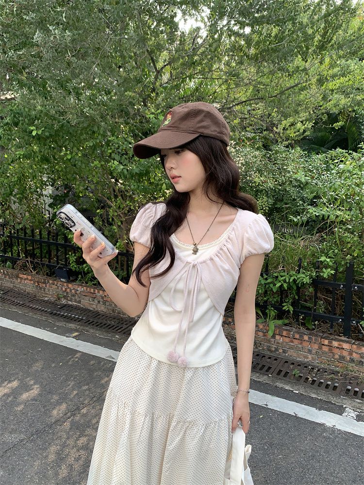 甜妹粗針竹節假兩件短袖t恤女小個子夏季泡泡袖體恤修身顯瘦上衣