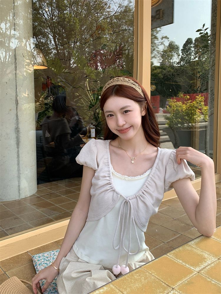 粗針竹節甜美風撞色拼接短袖t恤女夏季假兩件顯瘦小個子上衣