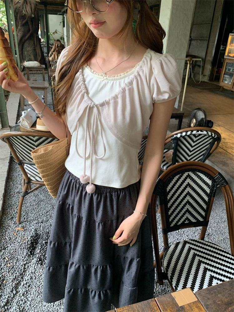 粗針竹節撞色系繩假兩件短袖T恤女夏季小個子短款蝴蝶結上衣