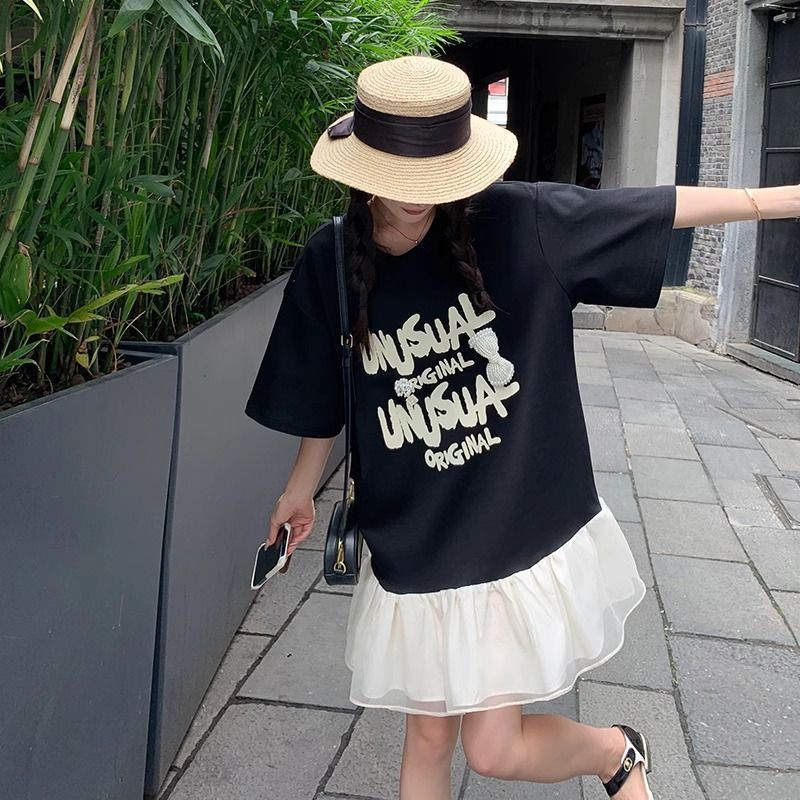 黑色短袖t 恤連衣裙假兩件女夏遮肉顯瘦休閑寬松法式裙