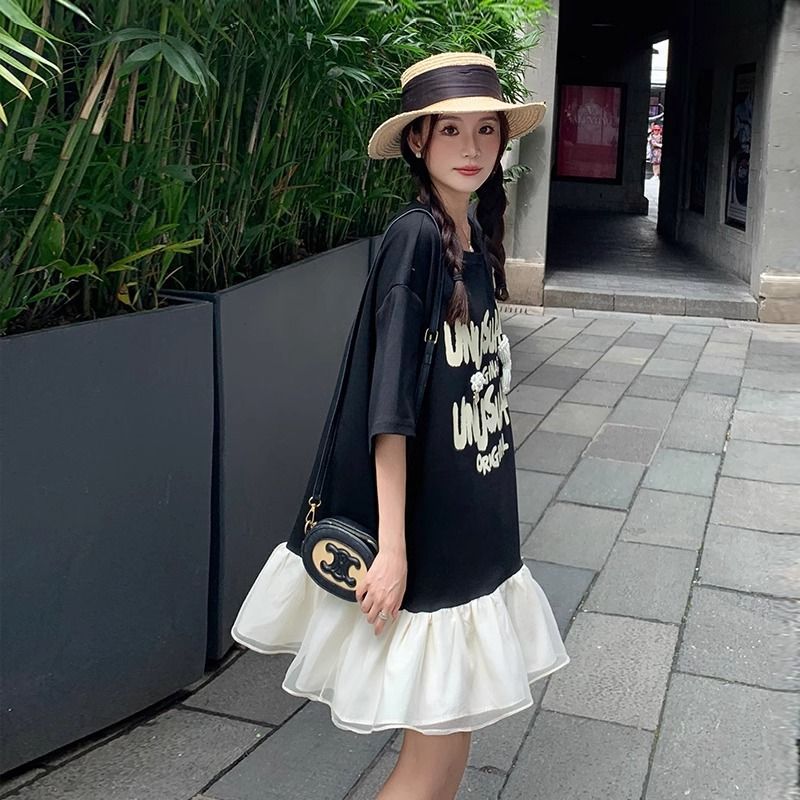 黑色短袖t 恤連衣裙假兩件女夏遮肉顯瘦休閑寬松法式裙