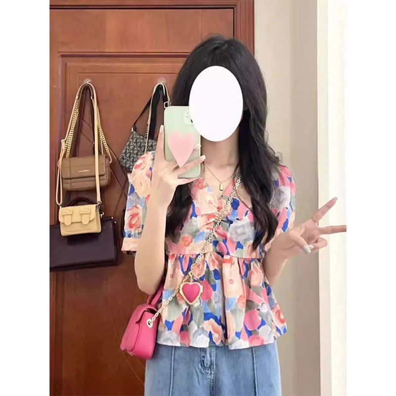 2026年夏季新款v領襯衫設計感T恤女寬松襯衣獨特別致上衣