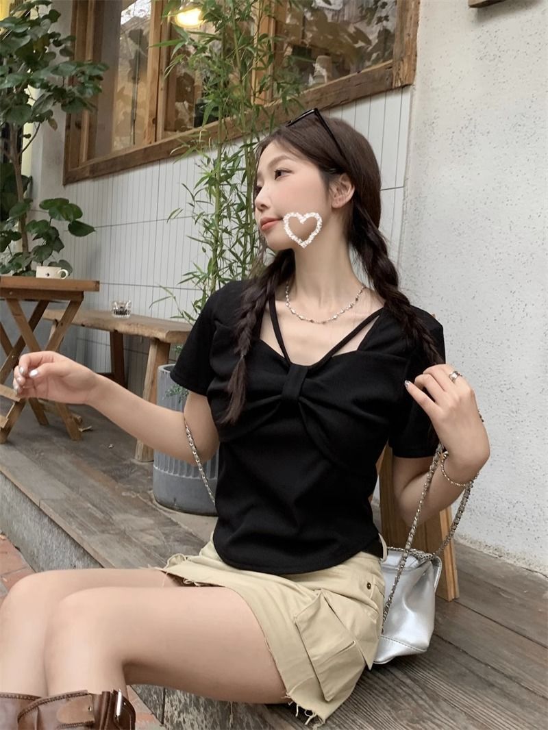 方領短袖T恤女夏季韓版2026新款蝴蝶結設計感修身上衣