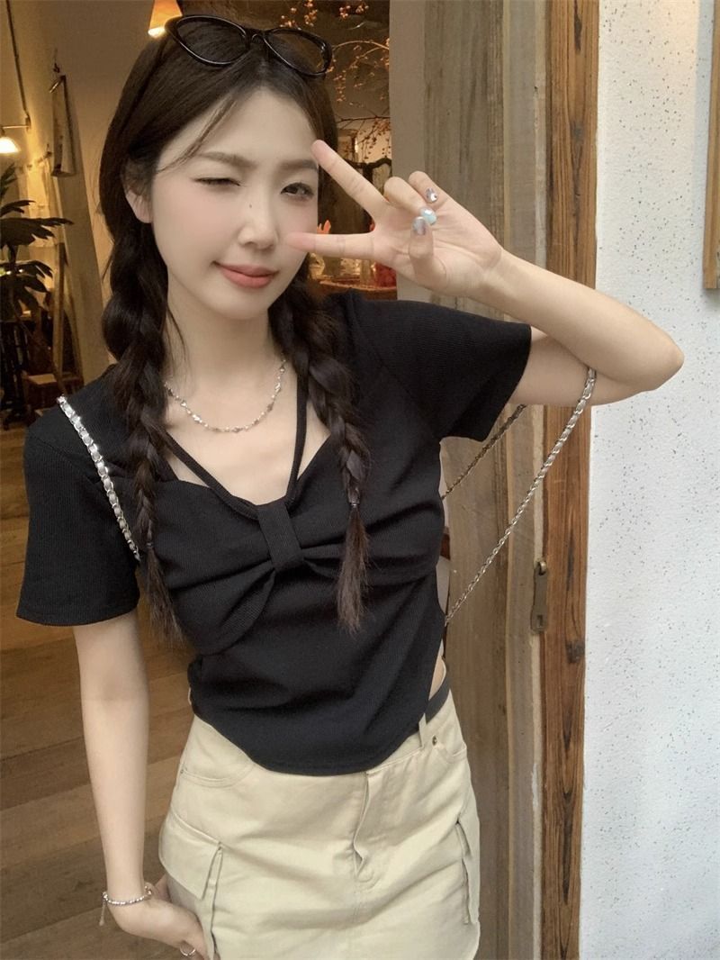 方領短袖T恤女夏季韓版2026新款蝴蝶結設計感修身上衣