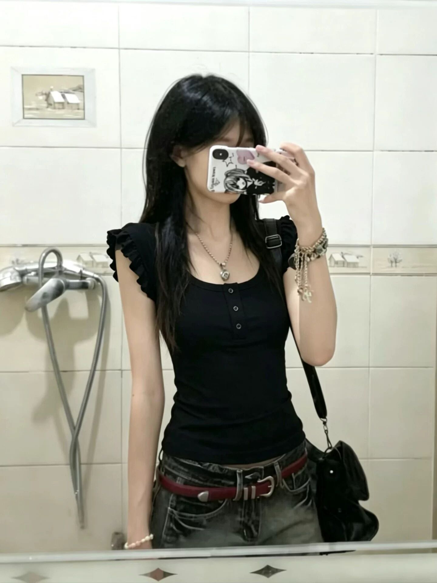 辣妹棕色方領荷葉邊短袖 T 恤女修身顯瘦復古風單排扣設計感上衣