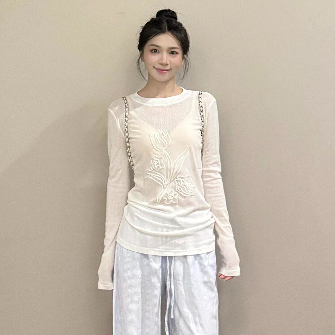 韓系設計感郁金香印花長袖t恤夏季新款薄款修身防曬衫上衣