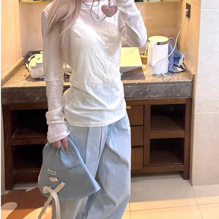 甜美風設計感郁金香印花長袖t恤夏季新款薄款修身防曬衫上衣