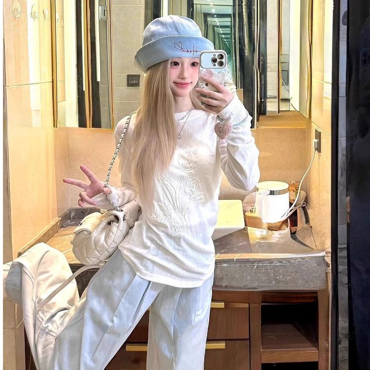 甜美風設計感郁金香印花長袖t恤夏季新款薄款修身防曬衫上衣