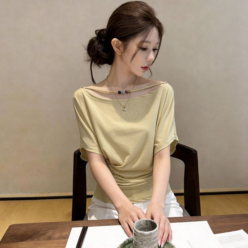 大碼極簡風一字肩短袖t恤女夏季新款顯瘦收腰氣質上衣