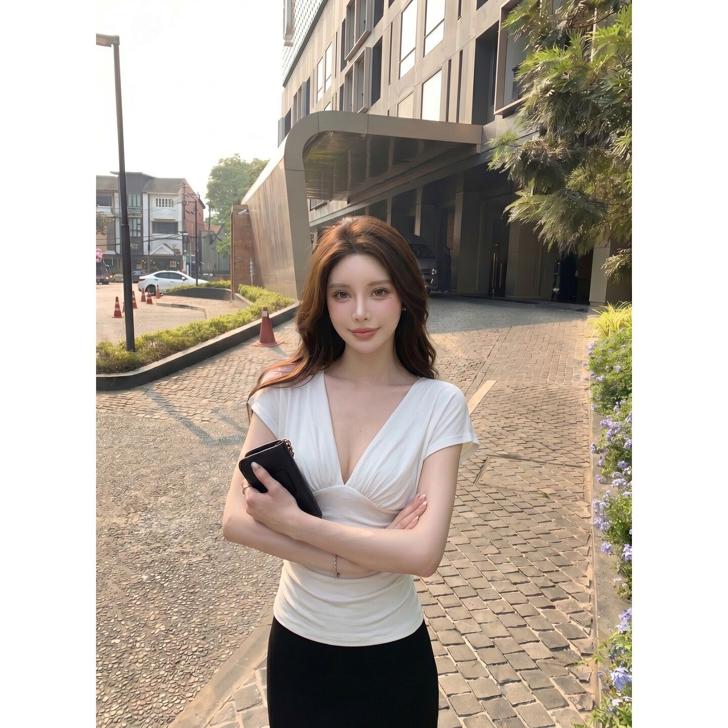 純欲風白色v領褶皺短袖t恤女2026夏季新款收腰顯瘦上衣