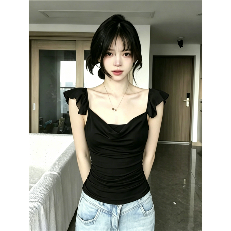韓系黑色蕩領網紗小飛袖上衣女收腰顯瘦氣質設計感短袖 T 恤