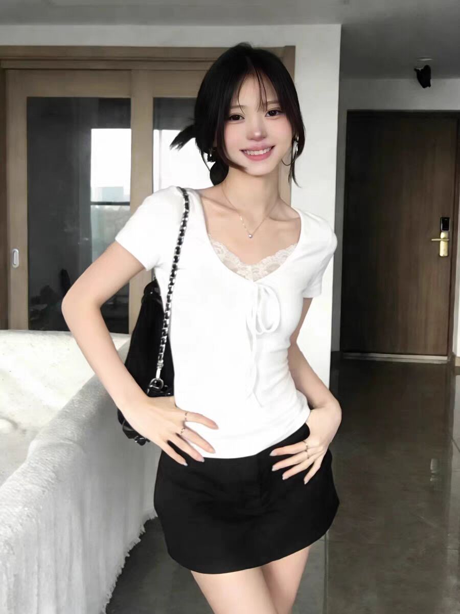 白色蕾絲拼接方領短袖 T 恤女純欲風收腰顯瘦抽繩設計感上衣