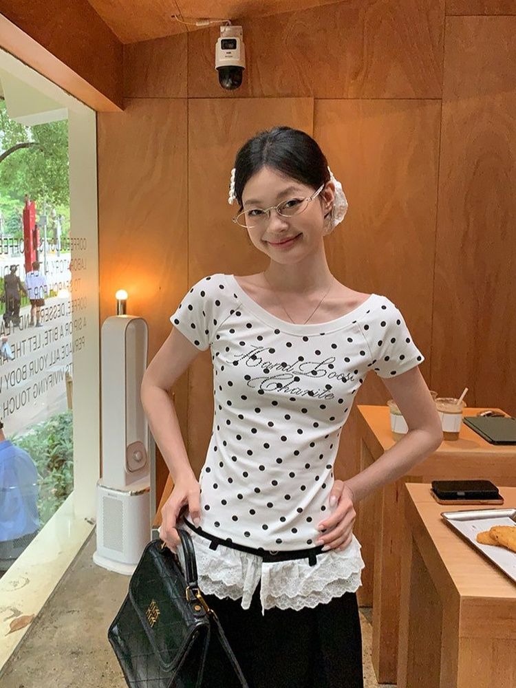 小眾燙鉆白色波點斜肩短袖T恤女夏季修身顯瘦設計感小上衣