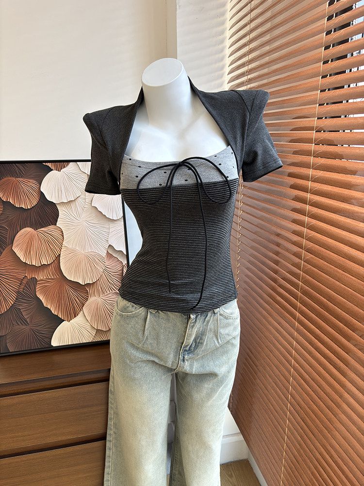 辣妹風波點條紋短袖上衣女裝夏季復古蝴蝶結修身正肩T恤