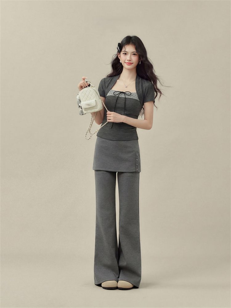 甜美韓系蝴蝶結系帶假兩件設計感短袖T恤女收腰顯瘦小眾上衣