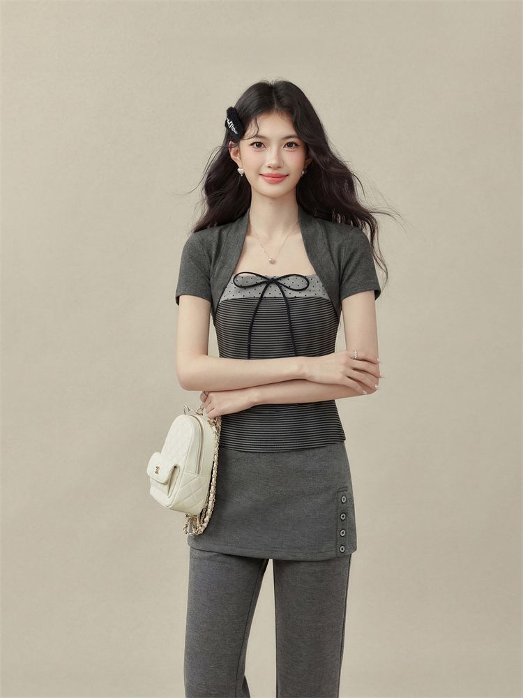 甜美韓系蝴蝶結系帶假兩件設計感短袖T恤女收腰顯瘦小眾上衣