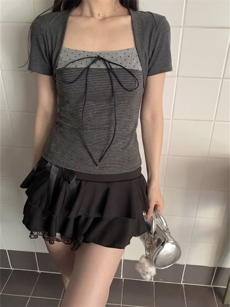 韓系復古假兩件短袖T恤女夏季條紋系帶蝴蝶結設計感上衣
