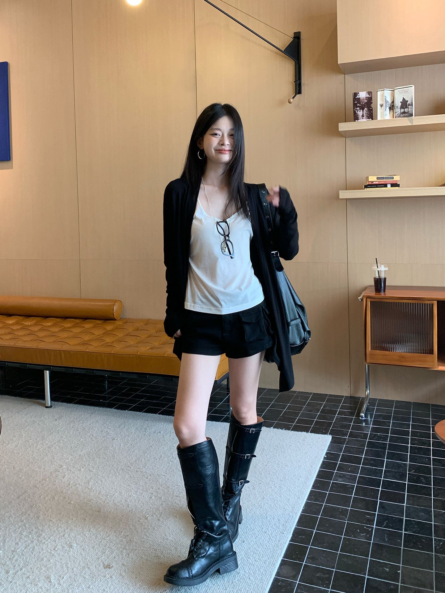 韓系黑色薄款開衫外套女夏季寬松不規則慵懶中長款罩衫上衣