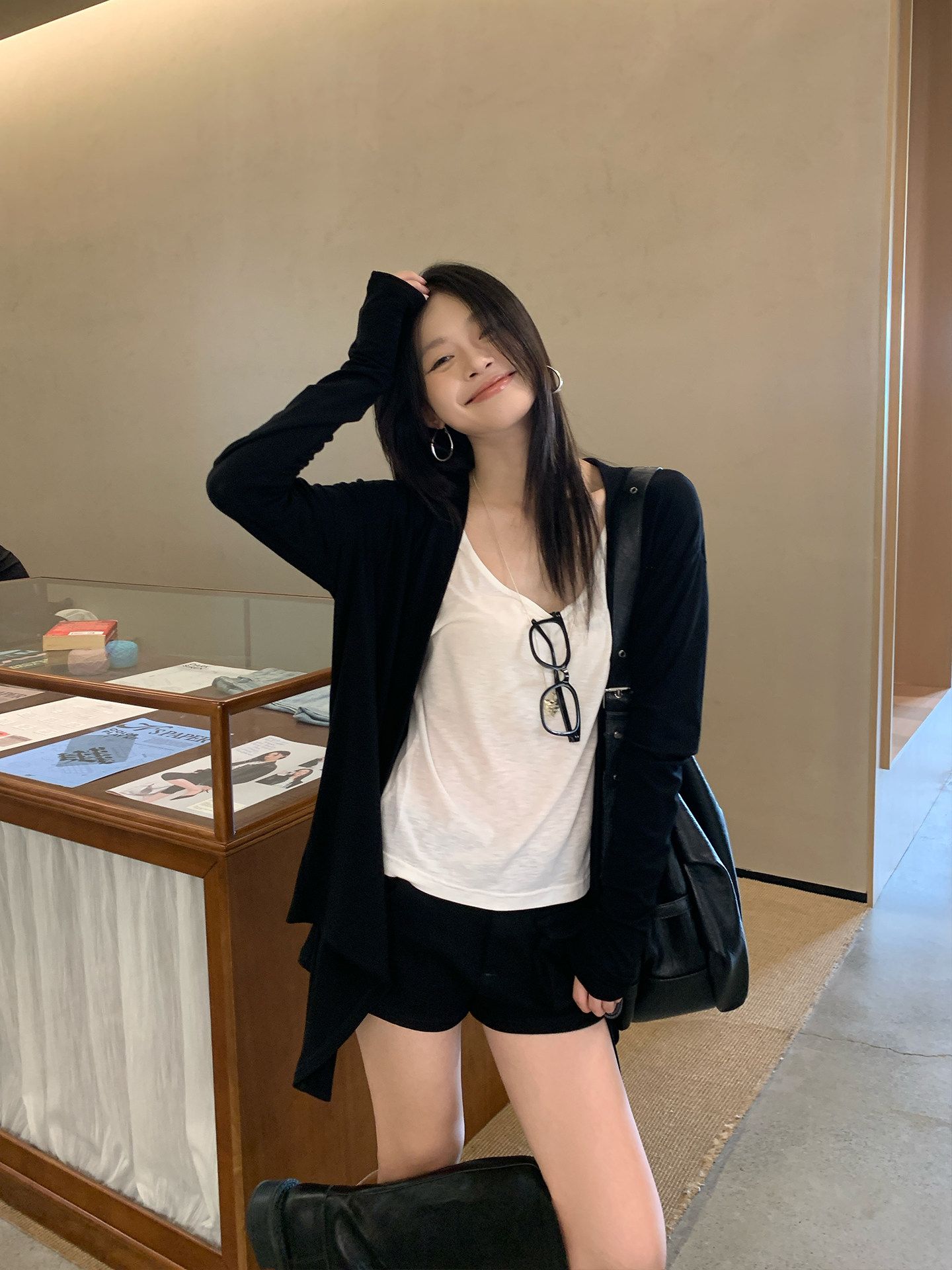 韓系黑色薄款開衫外套女夏季寬松不規則慵懶中長款罩衫上衣