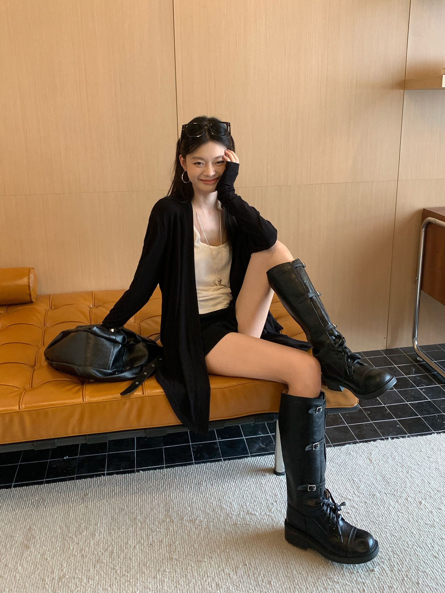 韓系黑色薄款開衫外套女夏季寬松不規則慵懶中長款罩衫上衣