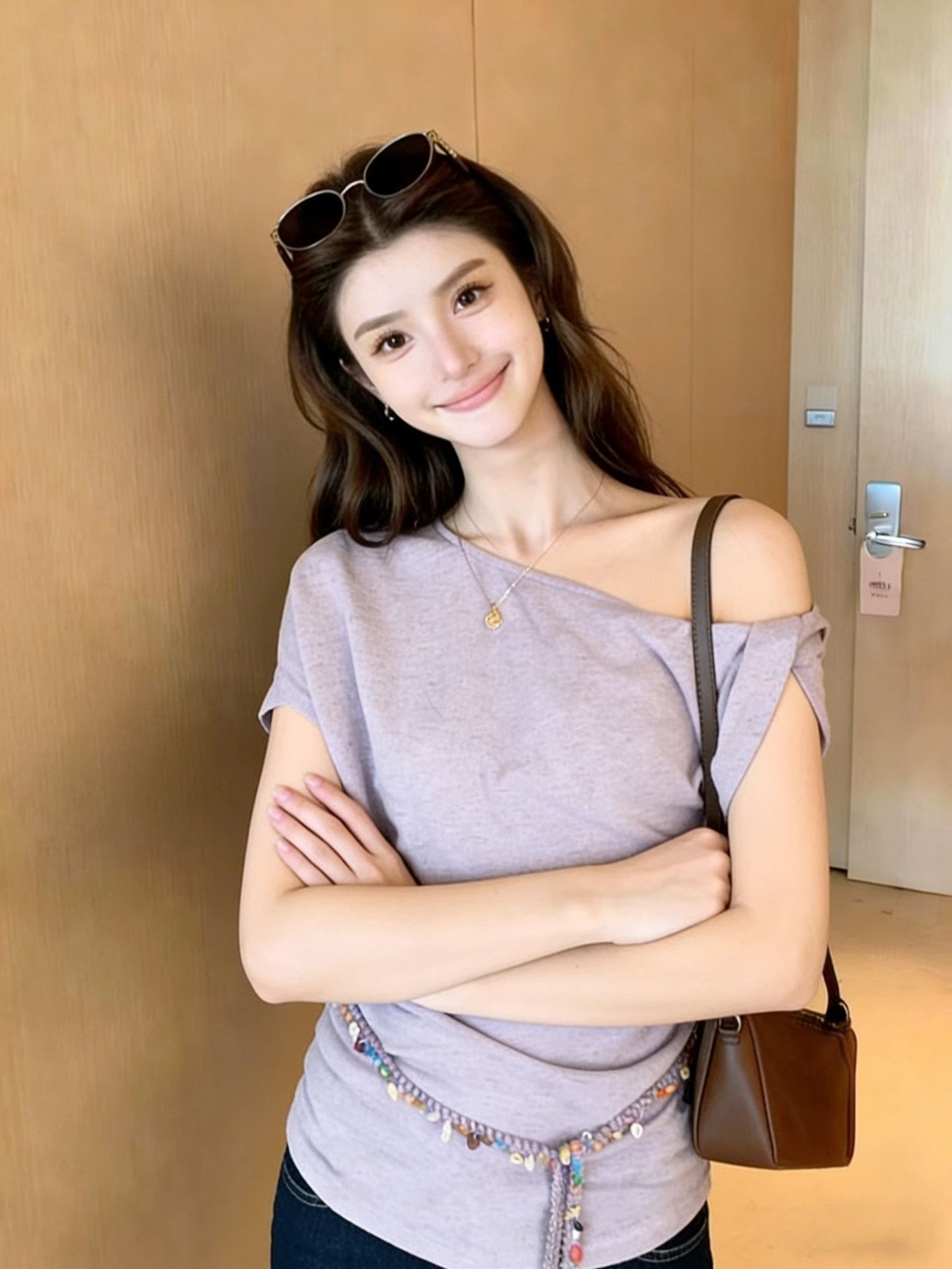 復古斜肩紫色短袖T恤女夏季新款慵懶風修身氣質收腰顯瘦上衣