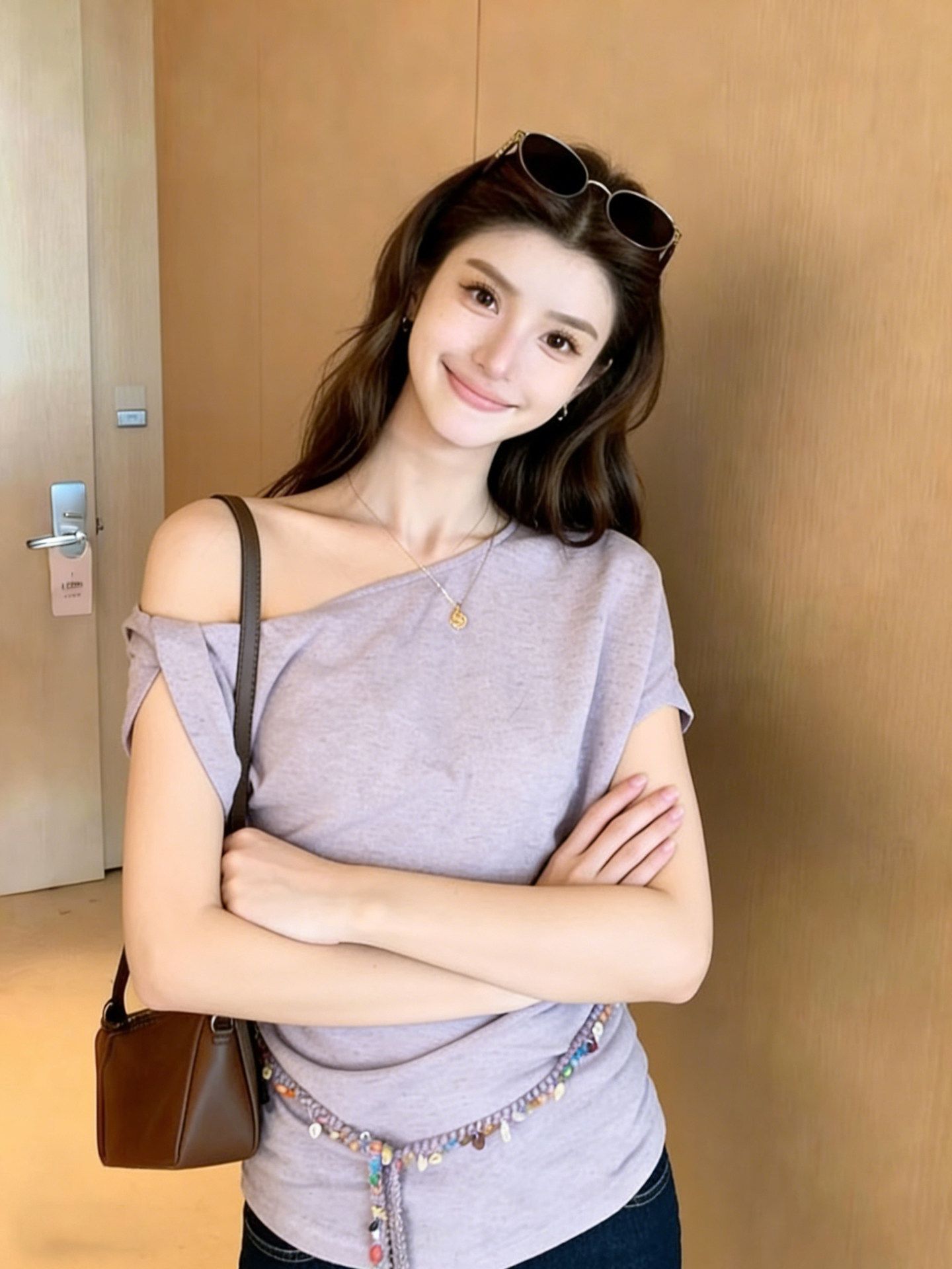 復古斜肩紫色短袖T恤女夏季新款慵懶風修身氣質收腰顯瘦上衣