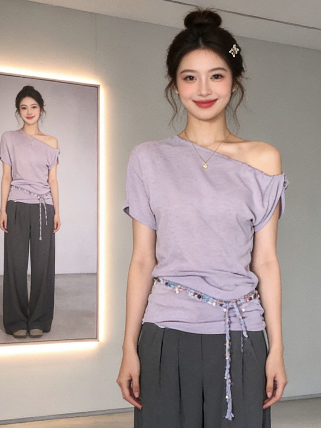 純欲斜領短袖t恤女2026年夏季韓系穿搭修身辣妹露肩短款上衣